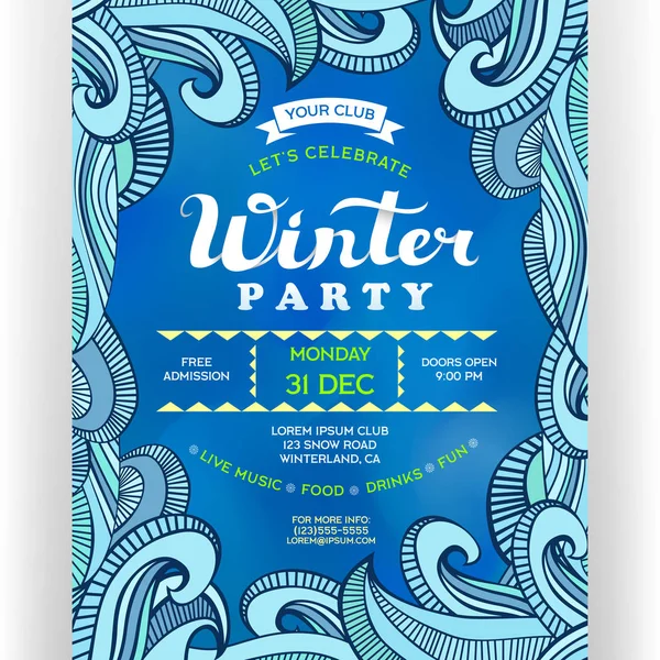 Poster Winter Party Blue Colors Vector Invitation Flyer Decorative Border — Stock Vector
