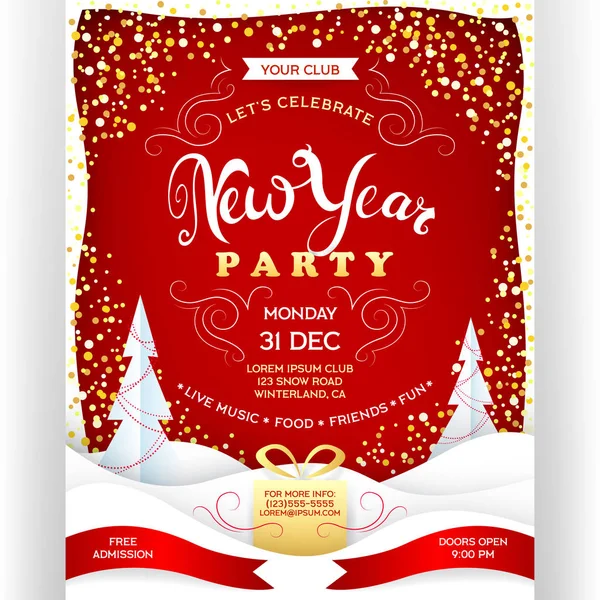 Poster New Year Party Red Gold Colors Vector Invitation Flyer — Stock Vector