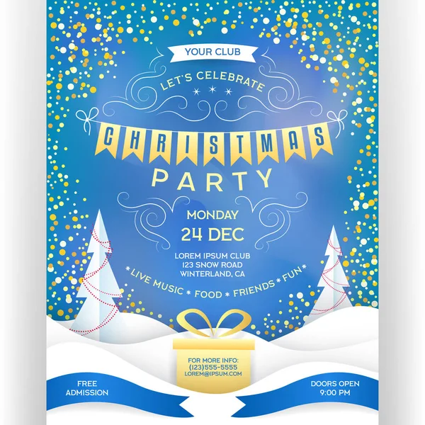 Cartaz Para Festa Natal Folheto Convite Vetorial Cores Azul Ouro —  Vetores de Stock