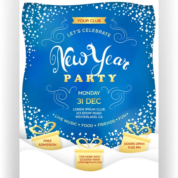 Poster New Year Party Blue Gold Colors Vector Invitation Flyer — Stock Vector