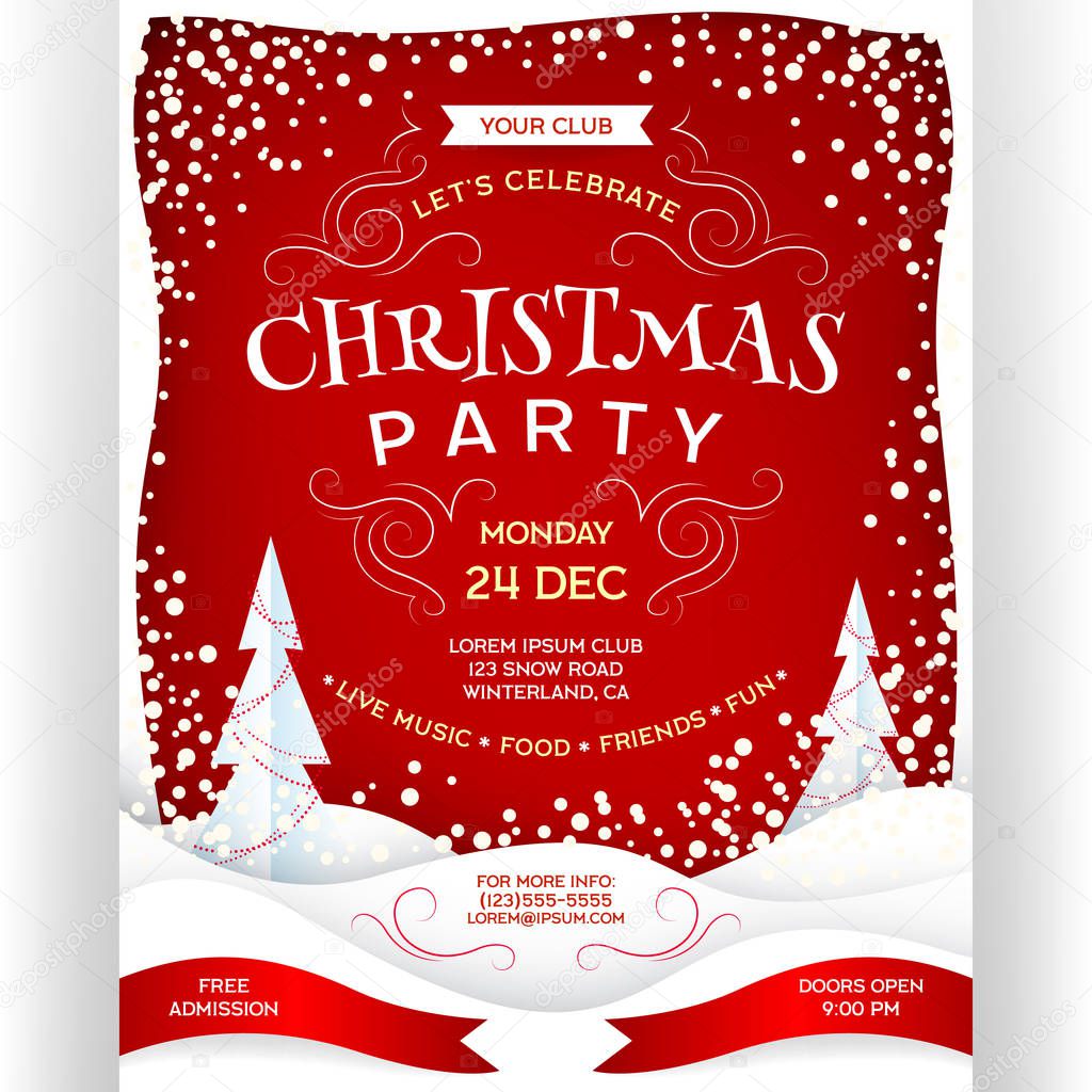 Poster for Christmas party. Red colors vector invitation flyer with paper cut effect snowdrift, pines and snowfall. Vertical banner for holiday event template design. Customized text.