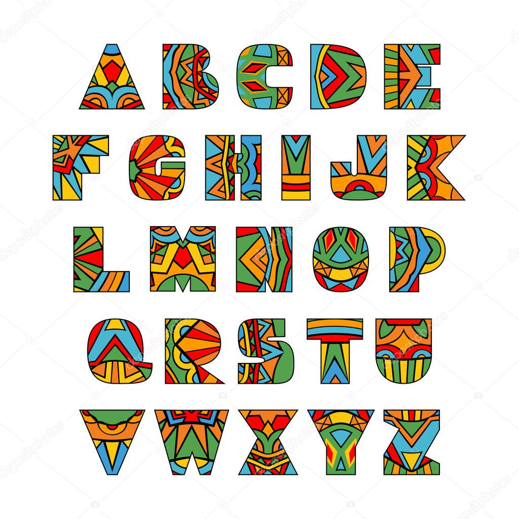 Ornate Letters. ABC letters brigh ethnic pattern. Rich ornate alphabet. Aztec style. Fancy multicolored font. Schematic shapes. Festive icons. Isolated on white. Vector collection.
