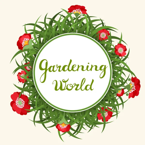 Gardening world round label with green grass and red poppies. — Stock Vector