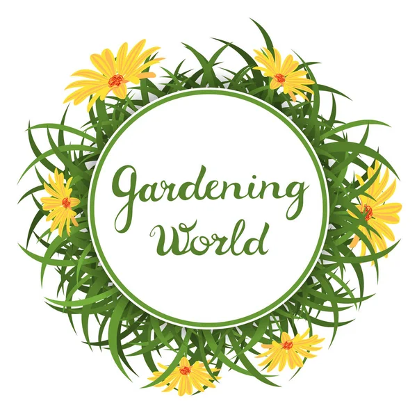 Gardening world round label with green grass and yellow daisies. — Stock Vector