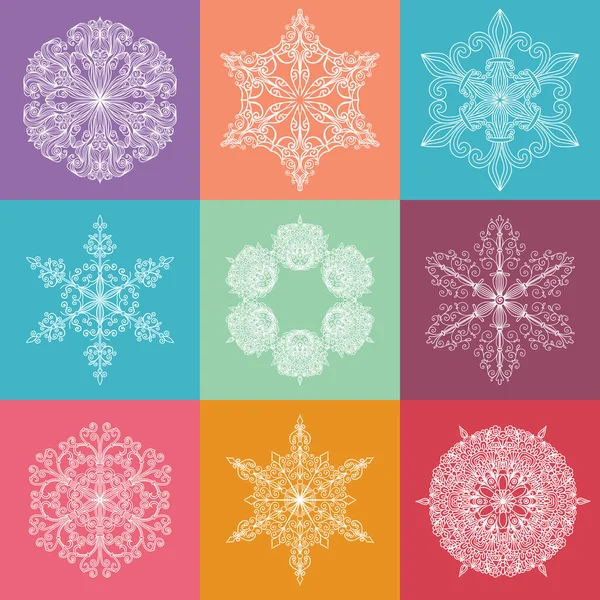 Collection Nine Lacy Elements White Decorative Icons Colored Squares Fragile — Stock Vector