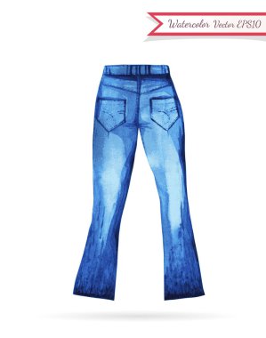 Indigo Jeans suluboya çizimi. İzole moda tasarım unsuru. El çizimi suluboya resim. Beyaz arka plan. Vektör illüstrasyonu.