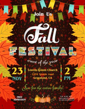 Fall festival poster template. Text customized for invitation for celebration. Ornate letters, colorful autumn season leaves of maple and flags. Fireworks background. Vector illustration. clipart