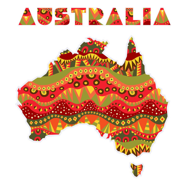 Patterned Australia continent with art title. Map element with bright aboriginal ornament and word. Multicolored capital letters, schematic shapes. Vector illustration.