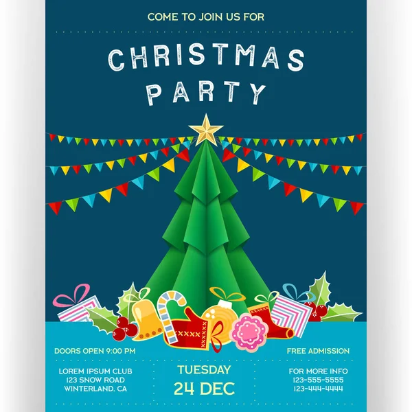 圣诞派对海报 带有邀请性文字和抽象的庆祝特征 有深蓝色背景的传单 绿松树 明亮的旗帜 用于事件模板设计的垂直横幅 矢量说明 — 图库矢量图片