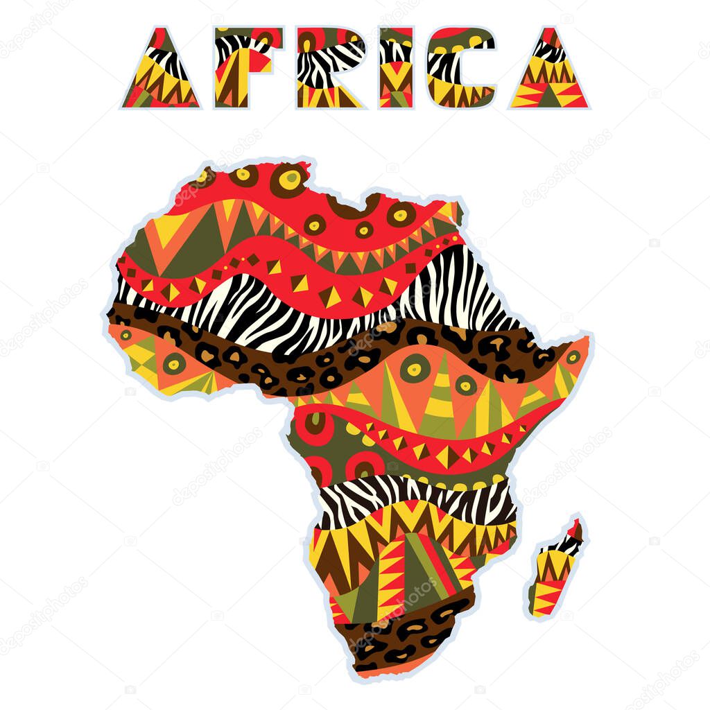 Ornate Africa continent with art title. Map element with bright tribal and wild animals skin patterns and word. Multicolored capital letters, schematic shapes. Vector illustration.