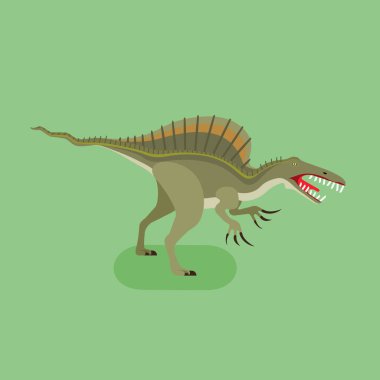 Canavar Spinosaurus ikonu. Nesli tükenmiş bir hayvan. Dikenli kertenkele. Tarih öncesi etobur dinozor. Moda düz vektör illüstrasyonu.