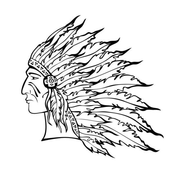 Indián Válečném Klobouku Skica Amerického Indiánského Náčelníka Chocholatou Čelenkou Válečník — Stockový vektor