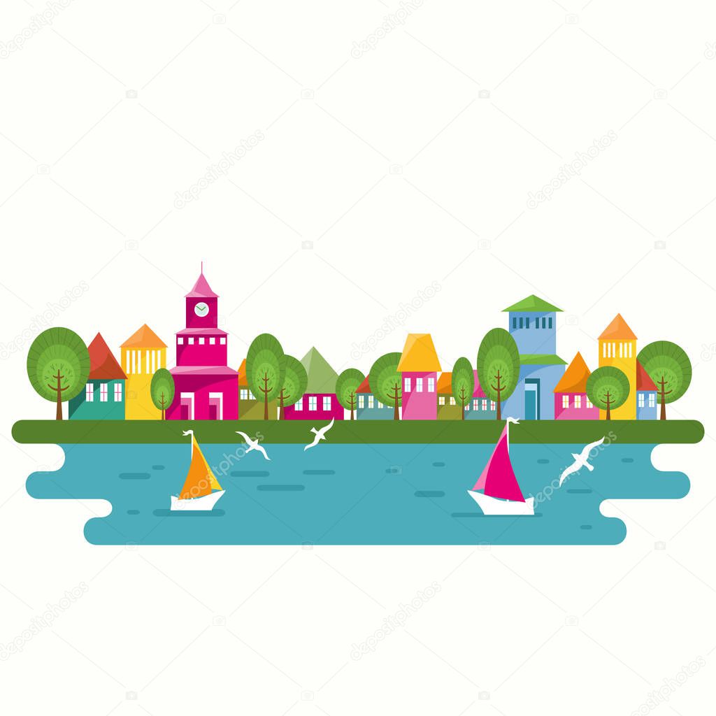 Cartoon vector illustration of small cosy port town. Abstract street with homes and blue water lake. Colorful houses on the waterfront. Seaside scene of harbour with yachts and seagulls.