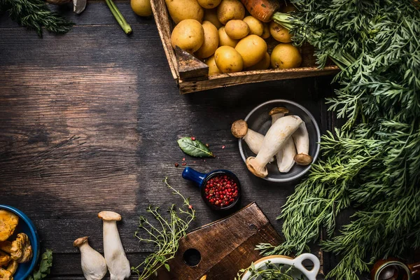 Ingredientes Temporada Otoño Con Verduras Cosecha Verduras Papas Champiñones Sobre — Foto de Stock