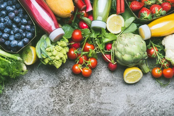 Various Colorful Smoothie Juices Bottles Fresh Organic Vegetables Fruits Grey — Stock Photo, Image