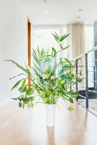 Grüne Zimmerpflanzenanordnung Der Vase Hellen Boden Und Fensterhintergrund Urbanes Wohnen — Stockfoto