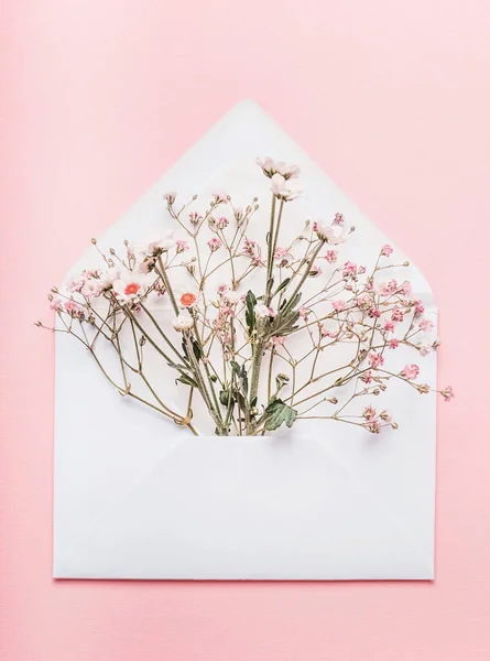 开封的信封 花朵排列在粉红色的背景上 顶视图 节日问候概念 — 图库照片