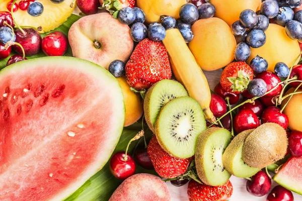 Variety Mix Colorful Summer Fruits Background Watermelon Sliced Kiwi Banana — Stock Photo, Image