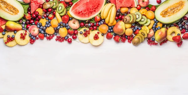Variety Colorful Organic Fruits Berries White Table Background Top View — Stock Photo, Image