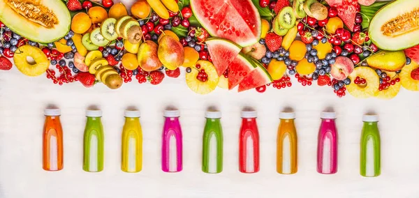 Variety Colorful Smoothies Juices Beverages Bottles Various Fresh Organic Fruits — Stock Photo, Image