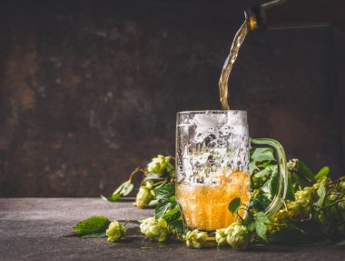 Bira şişeden kupaya dökülür. Koyu kırsal ahşap arka planda zıplar, ön manzara, kopyalama alanı.