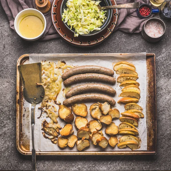 Fried Sausages Baking Tray White Coleslaw Mustard Dip Top View — Stock Photo, Image