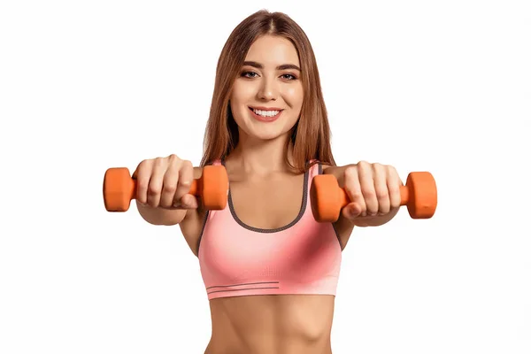 Fiatal Gyönyörű Lány Súlyzókat Tart Kezében Gyakorlat Súllyal Bicepsszel Karokkal — Stock Fotó