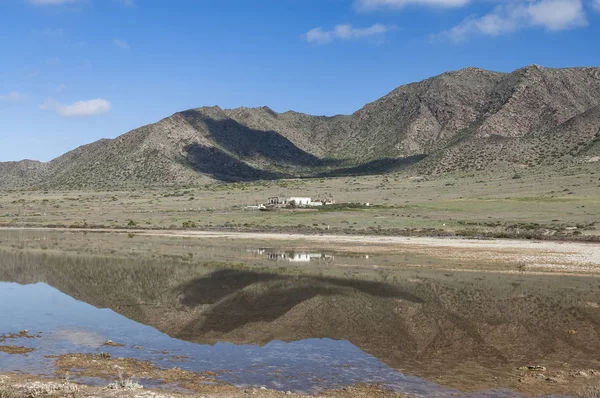 Montaas y cortijo reflejados en el agua