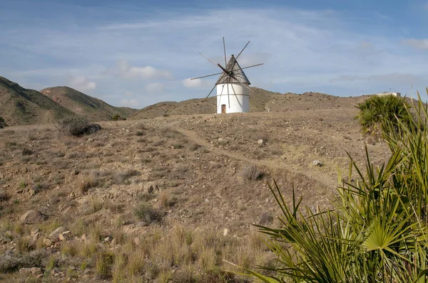 Molino de viento en lo alto de una colina