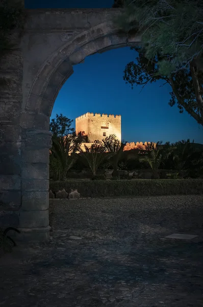 Vista nocturna de una torre a travs de un arco de piedra