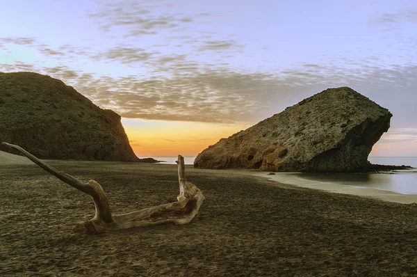 Amanecer en la playa de Mnsul, con un tronco tr primer trmino