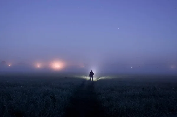 A silhouette of a man with a torch in a field, looking at lights on the horizon on a moody misty night