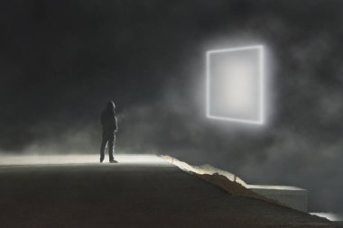Bir kukuletalı adam ayakta önünde parlayan bir kare portal üzerinde karanlık bir gece resmini kavramsal dijital sanat.