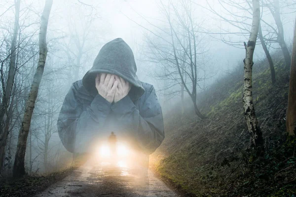 Double Exposure Hooded Figure Holding His Face His Hands Figure — Stock Photo, Image