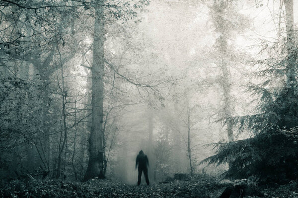 A lone blurred sinister hooded figure on a path in a dark, spooky forest in winter. With a blue, grunge, grainy edit.