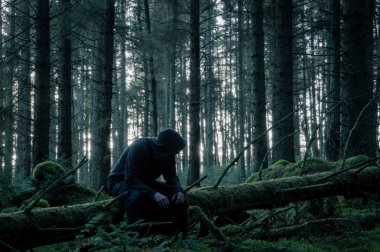 Kışın bir orman kaplı moss günlüğüne oturan bir ürkütücü yalnız kukuletalı rakam. Sessiz bir düzenleme ile.