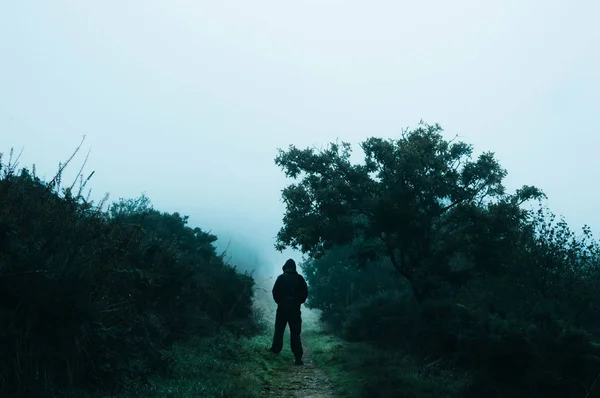 Sisli Yağmurlu Bir Günde Yalnız Ürkütücü Kukuletalı Şekil Ayakta Kırsal — Stok fotoğraf