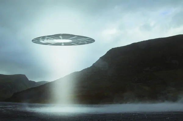 An UFO hovering over a mountain lake with a light beam coming down