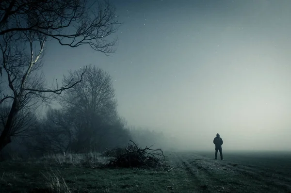 在一个诡异的雾蒙蒙的夜晚 一个孤独的头戴头套的身影站在一条小路上 用冷冰冰的灰色蓝色编辑 — 图库照片