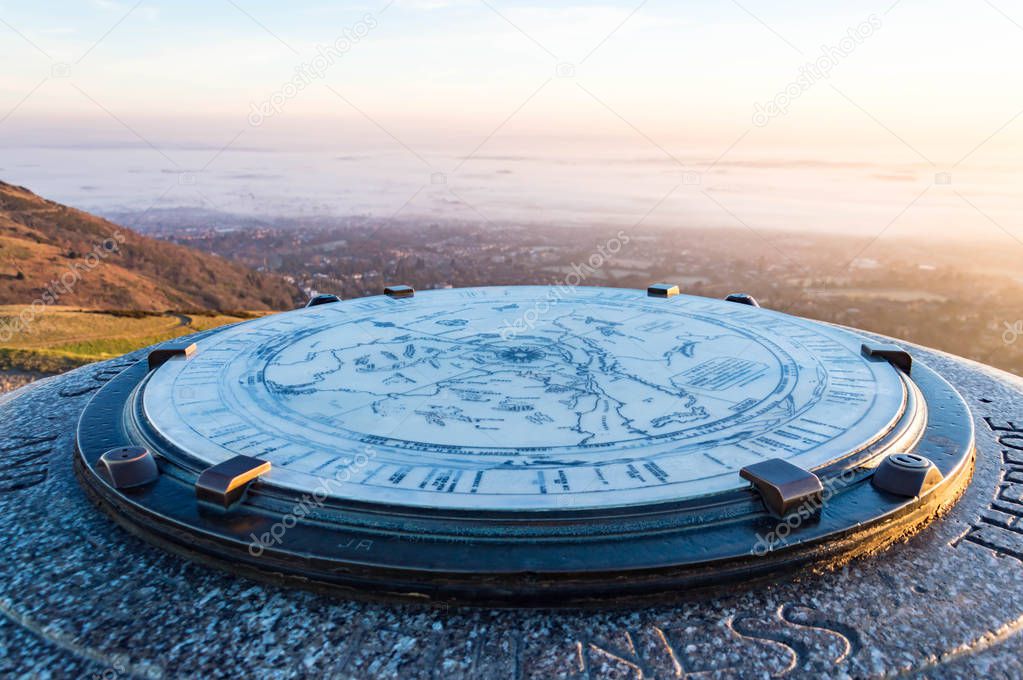 A close up of the map on the toposcope on Worcestershire Beacon.