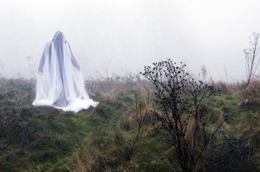 Sisli bir kış gününde kırsal kesimde duran ürkütücü bir hayalet figür