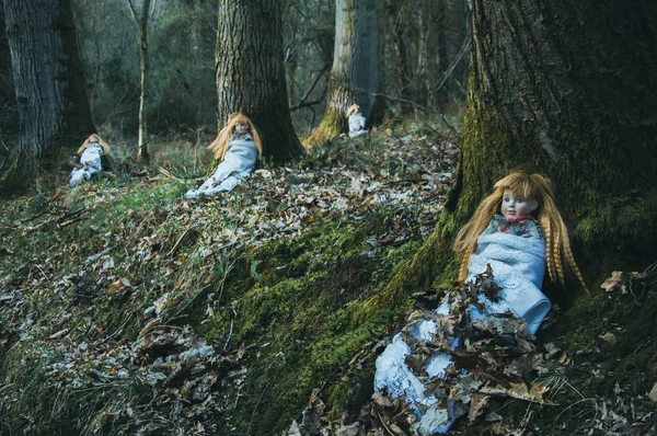 Creepy spooky dolls, sitting in a forest in winter. With a dark, muted edit.