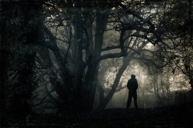 Sisli kışgünlerinde ürkütücü bir ormana bakan kapüşonlu bir figür. Grenli bir vintage ile, sessiz edit.