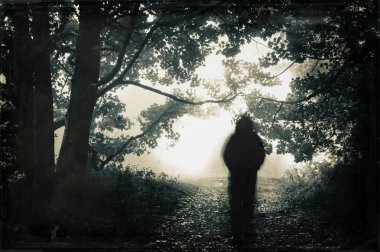 Sisli bir kış gününde ürkütücü bir ormanda yürüyen kapüşonlu bir hayalet figürü. Grenli bir vintage ile, sessiz edit.