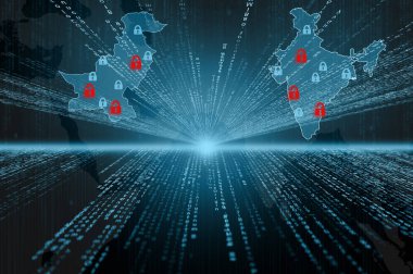 Pakistan ve Hindistan ülkeleri ile bir siber güvenlik konsepti veri ve asma kilitler üzerinde overlayered 