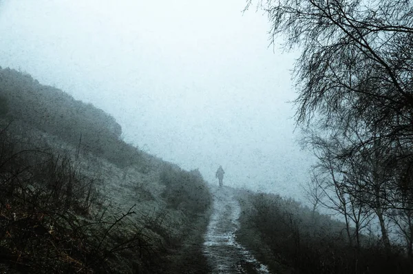 Uma Silhueta Homem Caminhando Caminho Campo Assustador Dia Inverno Nebuloso — Fotografia de Stock
