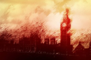 Parlamento Binaları silueti ile İngiliz hükümetinin kriz kavramı. Sanatsal hasarlı bakmak için düzenlenmiş.