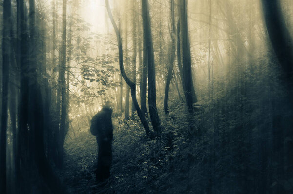 A sinister figure, with glowing eyes, looking at the camera, silhouetted on a path in a forest. With a spooky, vintage edit.