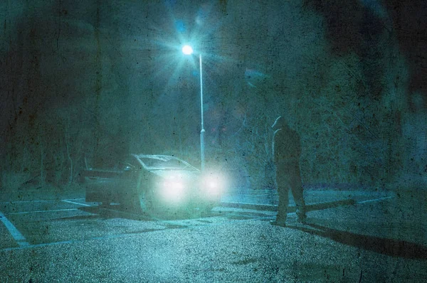 Threatening Lone Hooded Figure Standing Next Car Street Light Night — Stock Photo, Image