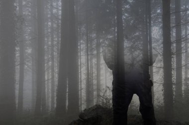 Kafası kaybolan kapüşonlu bir figürün arkasına bakan çift pozlama. Karamsar, sisli, kışlar orman üzerinde katmanlı üzerinde.